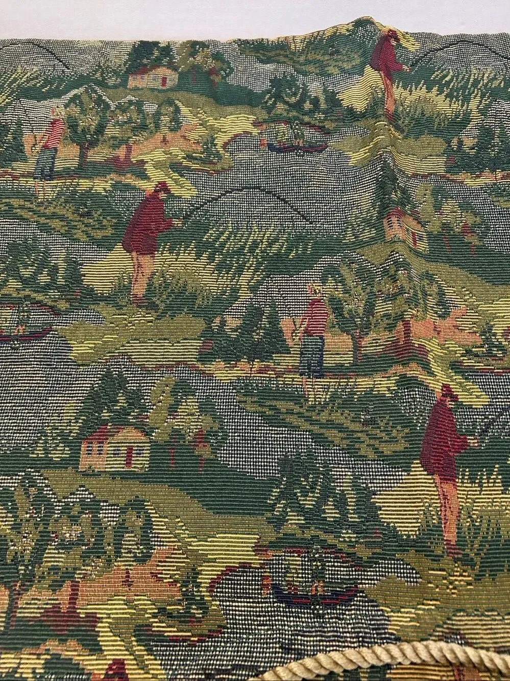 Vintage Tapestry Scalloped Window Valance Fly Fishing Cabin Lodge Rope Trim Pair